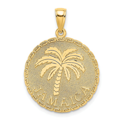 14K Yellow Gold Polished Textured Finish JAMAICA & Palm Tree in Round Disk Shape Charm Pendant at $ 265.55 only from Jewelryshopping.com