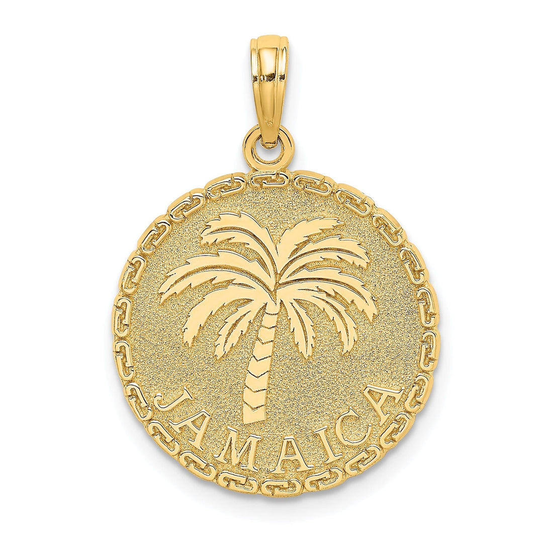 14K Yellow Gold Polished Texture Finish JAMAICA & Palm Tree in Round Disk Shape Charm Pendant