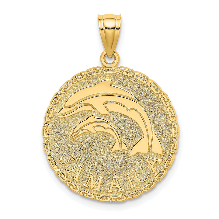 14K Yellow Gold Polished Texture Finish JAMAICA with Double Dolphins in Round Disk Shape Charm Pendant