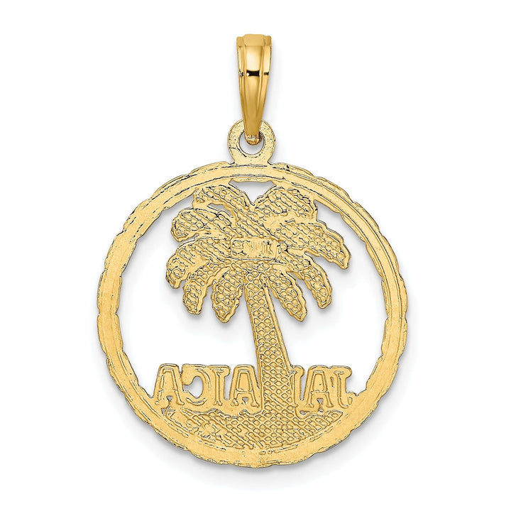 14K Yellow Gold Polished Texture Finish JAMAICA & Palm Tree with Banner Sign in Round Disk Shape Charm Pendant