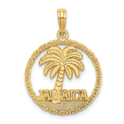 14K Yellow Gold Polished Texture Finish JAMAICA & Palm Tree with Banner Sign in Round Disk Shape Charm Pendant at $ 157.39 only from Jewelryshopping.com
