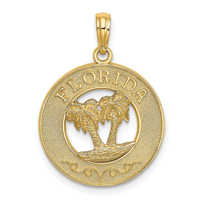 14K Yellow Gold Polished Textured Finish FLORIDA Double Palm Tree in Circle Design Charm Pendant at $ 185.38 only from Jewelryshopping.com