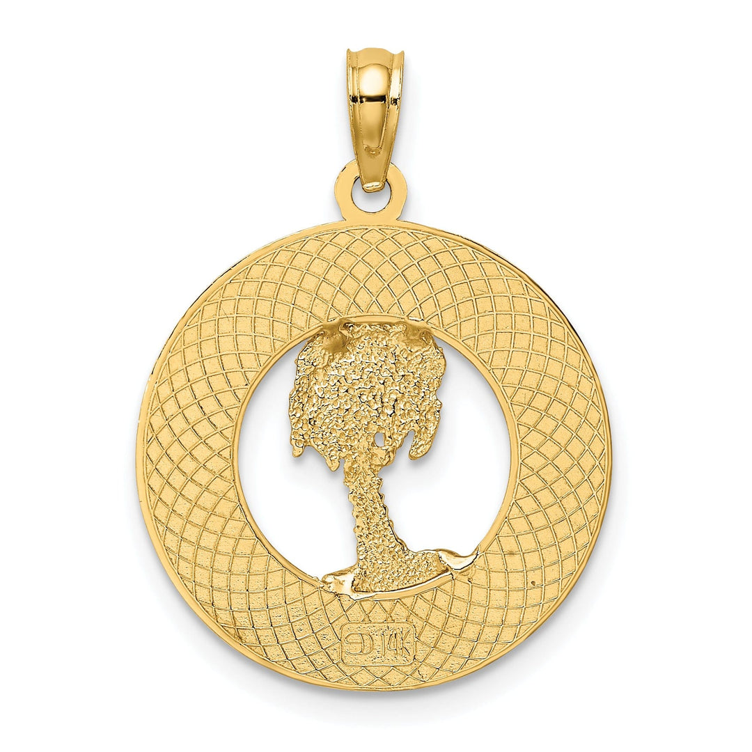 14K Yellow Gold Polished Textured Finish FLORIDA Single Palm Tree in Circle Design Charm Pendant