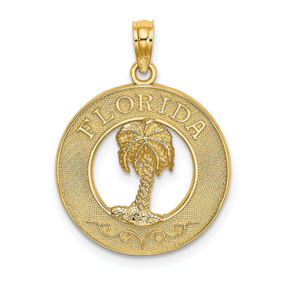 14K Yellow Gold Polished Textured Finish FLORIDA Single Palm Tree in Circle Design Charm Pendant at $ 174.88 only from Jewelryshopping.com