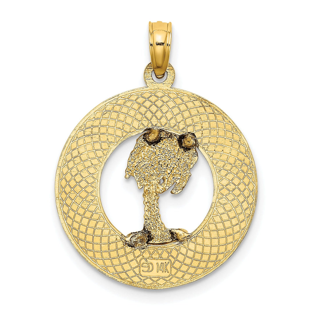 14K Yellow Gold Polished Textured Finish MYTLE BEACH FLORIDA Banner on Palm Tree in Circle Design Charm Pendant