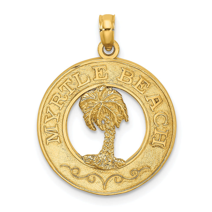 14K Yellow Gold Polished Textured Finish MYTLE BEACH FLORIDA Banner on Palm Tree in Circle Design Charm Pendant