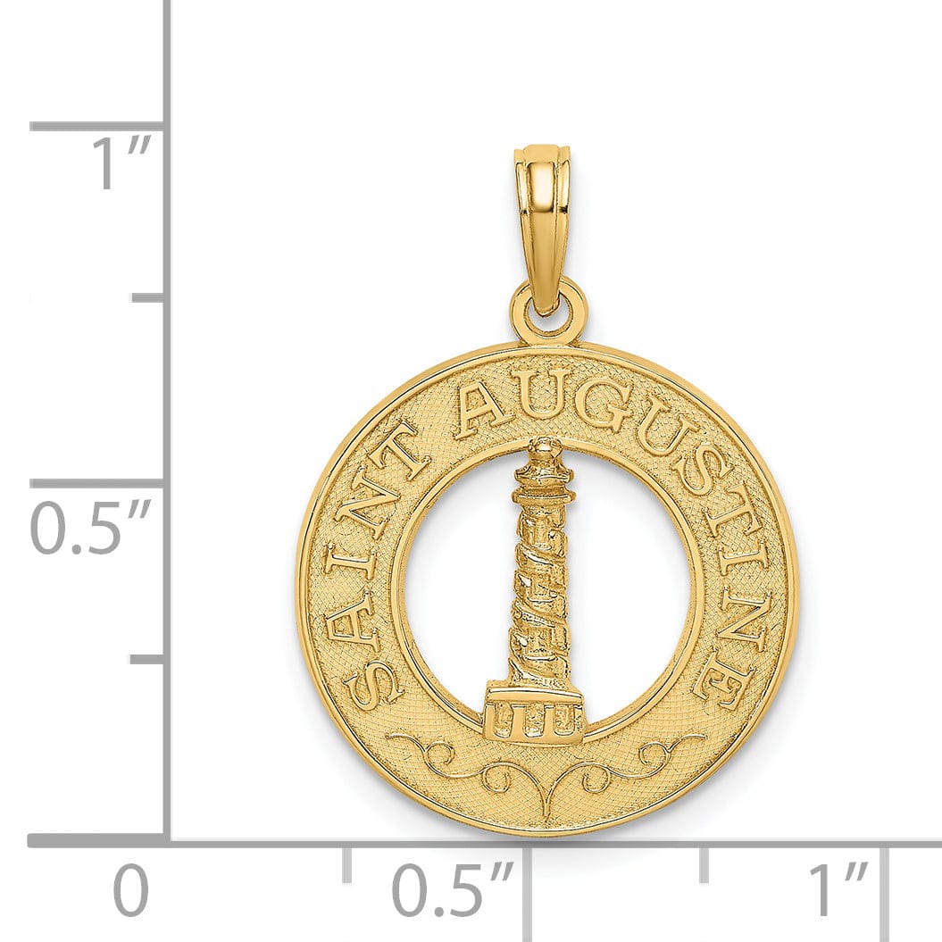 14K Yellow Gold Polished Textured Finish SAINT AUGUSTINE FLORIDA Banner Light House Circle Design Charm Pendant