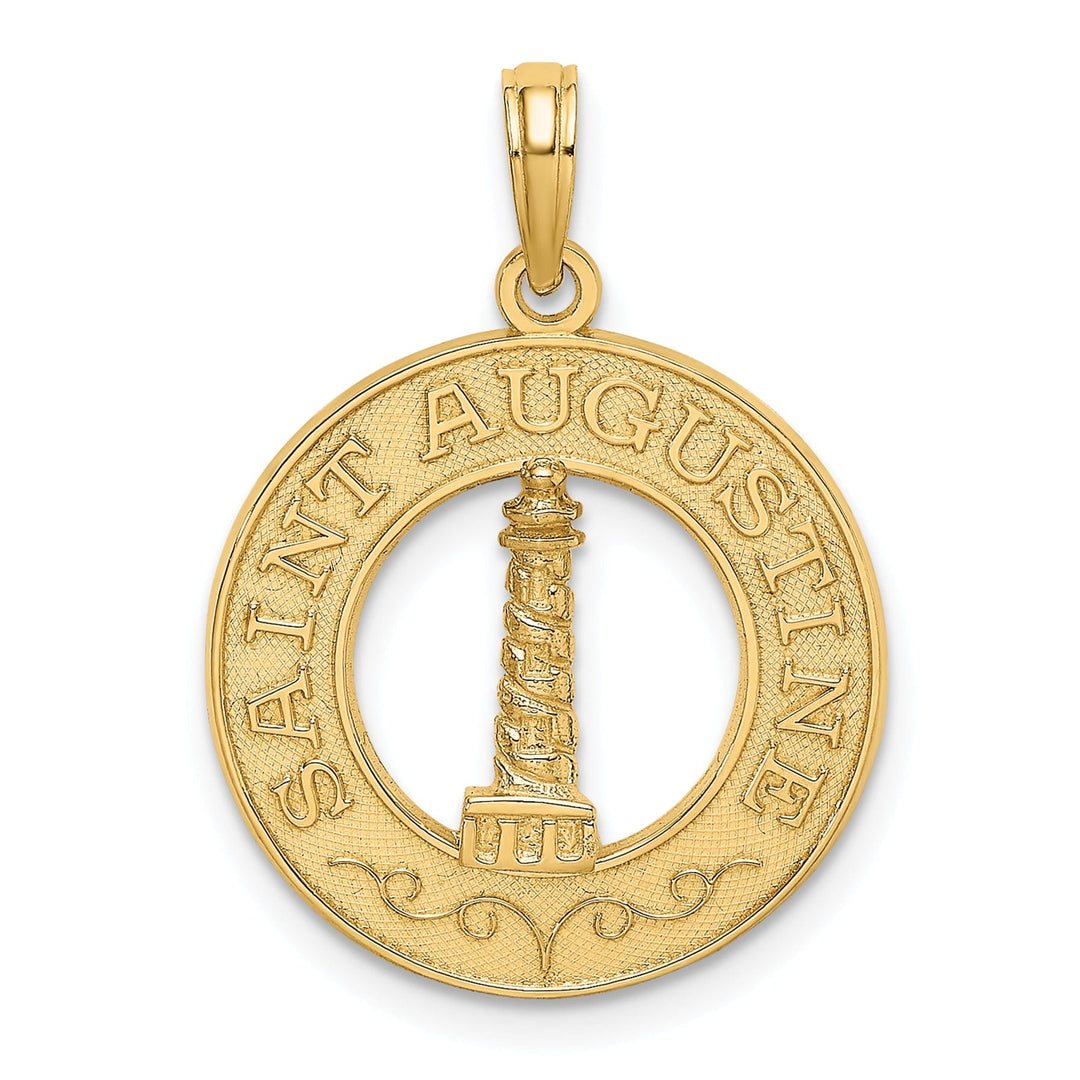 14K Yellow Gold Polished Textured Finish SAINT AUGUSTINE FLORIDA Banner Light House Circle Design Charm Pendant