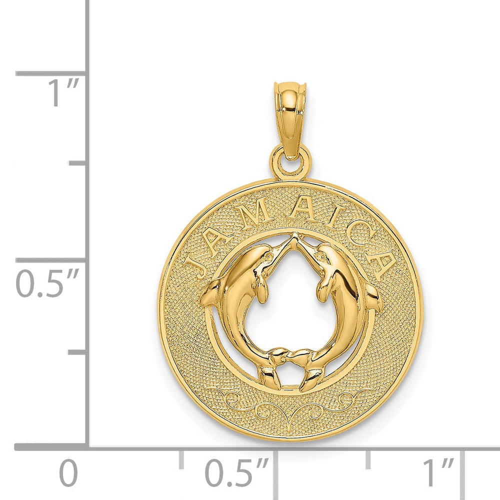 14K Yellow Gold Polished Textured Finish JAMAICA with Double Dolphins Circle Design Charm Pendant