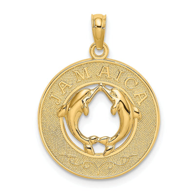 14K Yellow Gold Polished Textured Finish JAMAICA with Double Dolphins Circle Design Charm Pendant at $ 171.39 only from Jewelryshopping.com