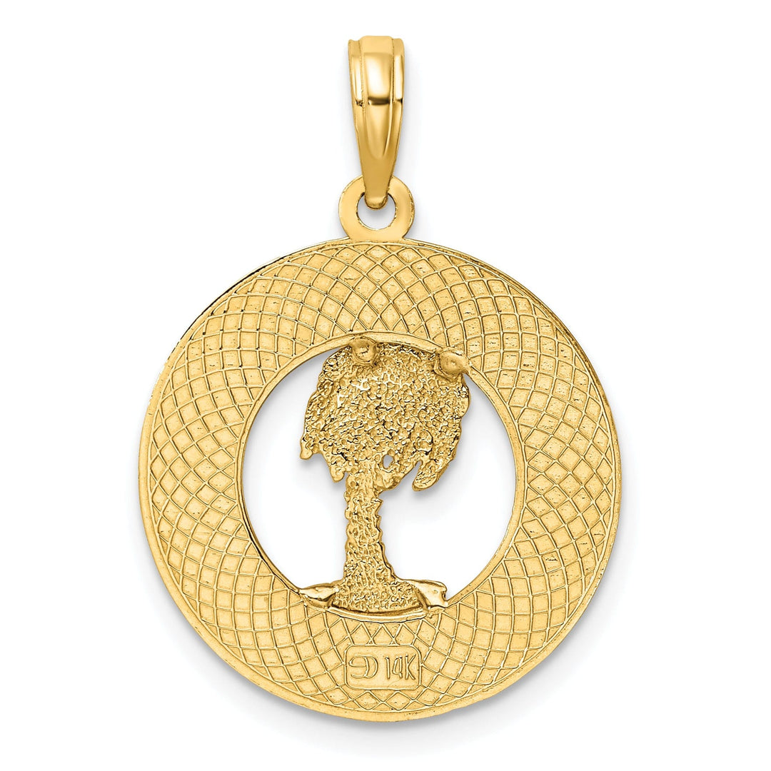 14K Yellow Gold Polished Textured Finish SAINT AUGUSTINE FLORIDA Banner Palm Tree Circle Design Charm Pendant