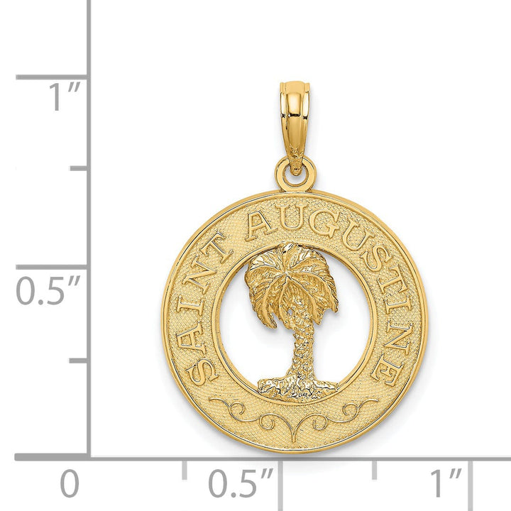 14K Yellow Gold Polished Textured Finish SAINT AUGUSTINE FLORIDA Banner Palm Tree Circle Design Charm Pendant