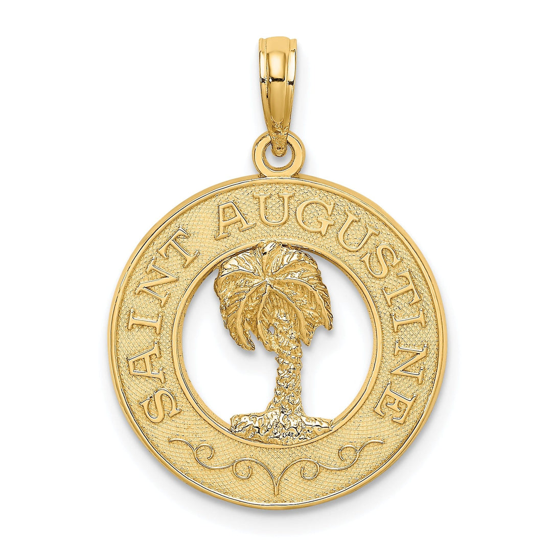 14K Yellow Gold Polished Textured Finish SAINT AUGUSTINE FLORIDA Banner Palm Tree Circle Design Charm Pendant