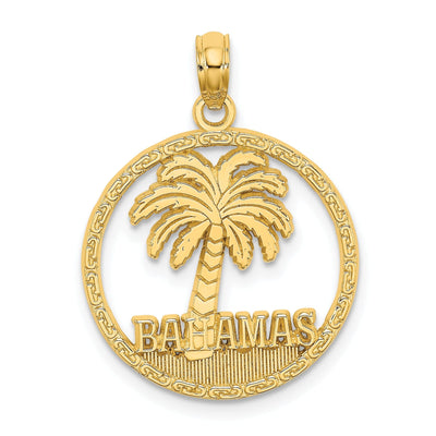 14K Yellow Gold Polished Textured Finish BAHAMAS Under Palm Tree Round Circle Trim Design Charm Pendant at $ 138.15 only from Jewelryshopping.com