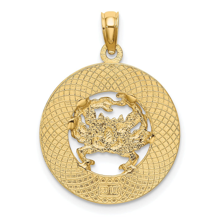 14K Yellow Gold Polished Textured Finish TURKS & CAICOS Circle Design with Crab Charm Pendant