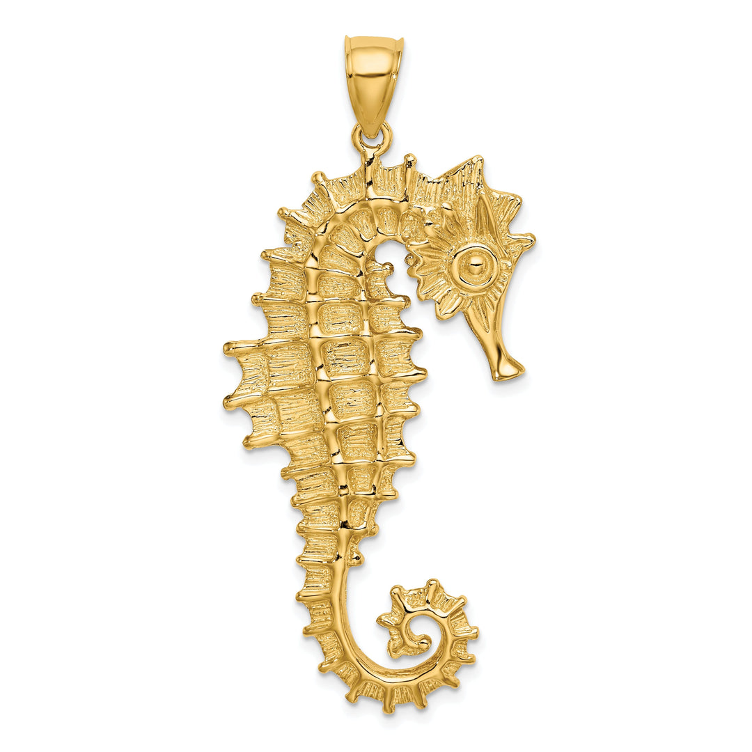 14K Yellow Gold Polished Textured Finish 3-Dimensional Seahorse Charm Pendant