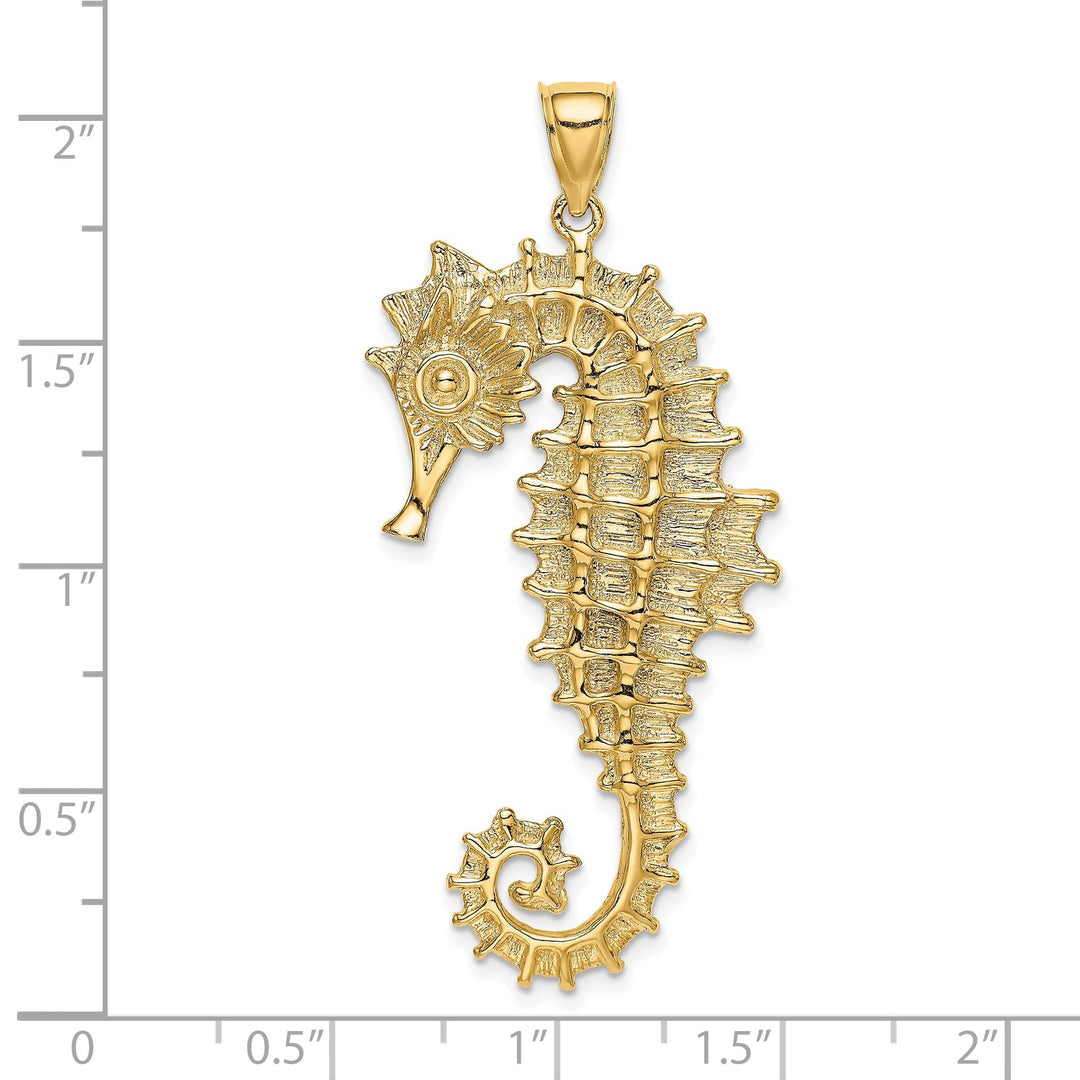 14K Yellow Gold Polished Textured Finish 3-Dimensional Seahorse Charm Pendant