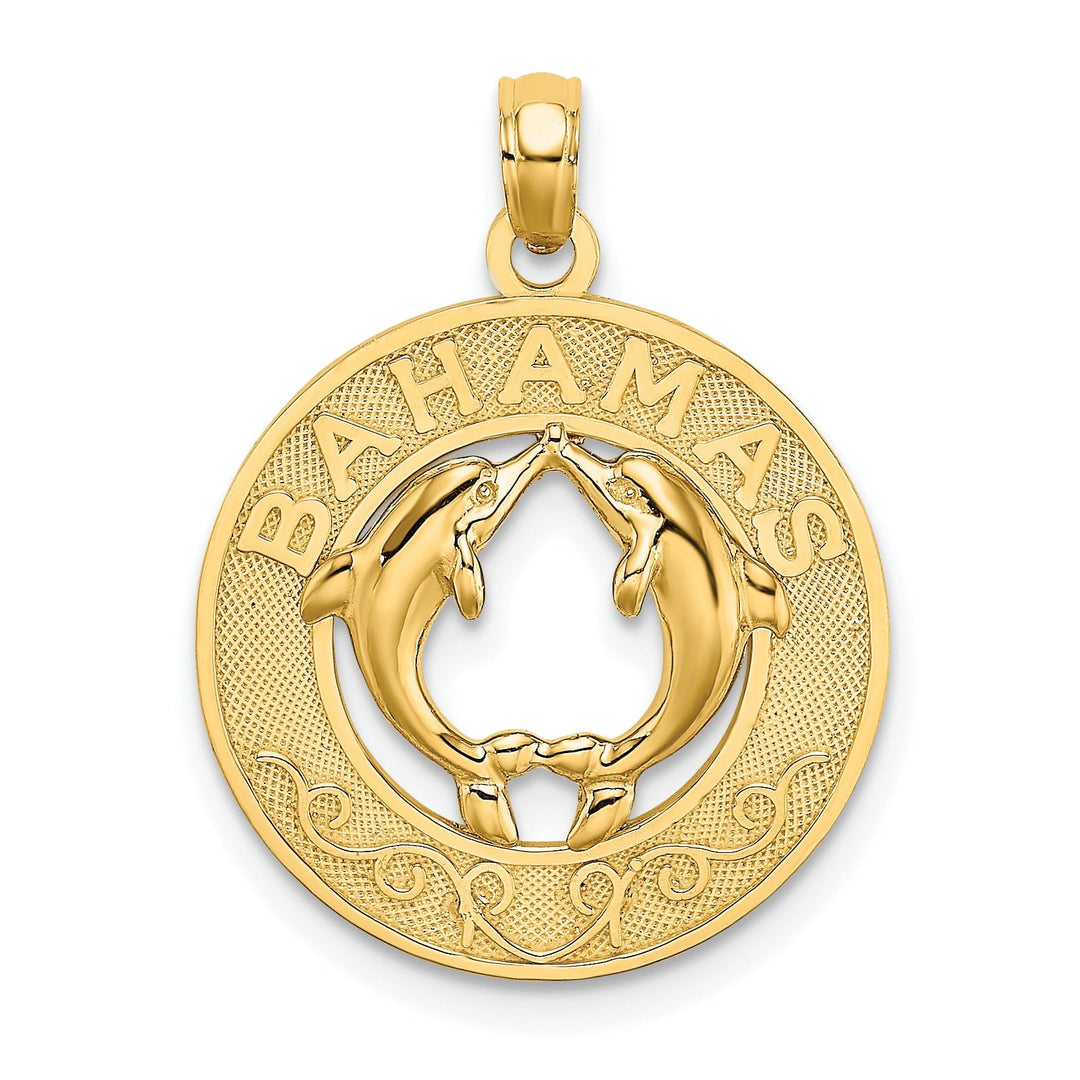 14K Yellow Gold Polished Textured Finish BAHAMAS in Circle Design with Double Dolphin Charm Pendant