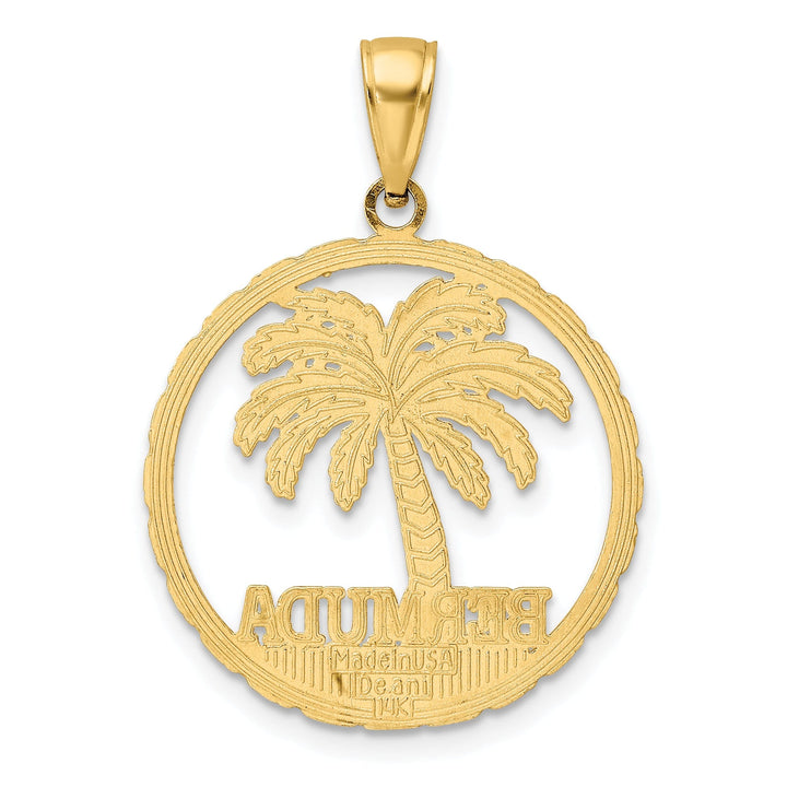 14K Yellow Gold Polished Textured Finish BERMUDA in Circle Design with Palm Tree Charm Pendant