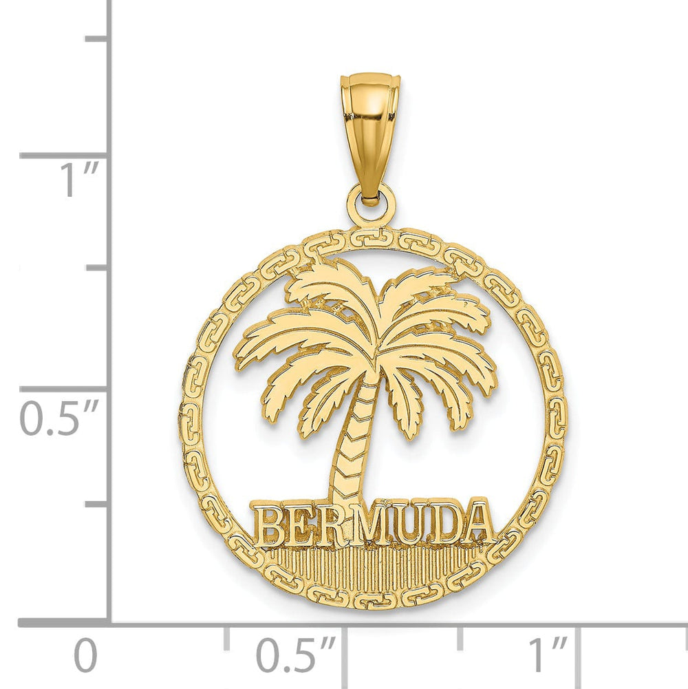 14K Yellow Gold Polished Textured Finish BERMUDA in Circle Design with Palm Tree Charm Pendant