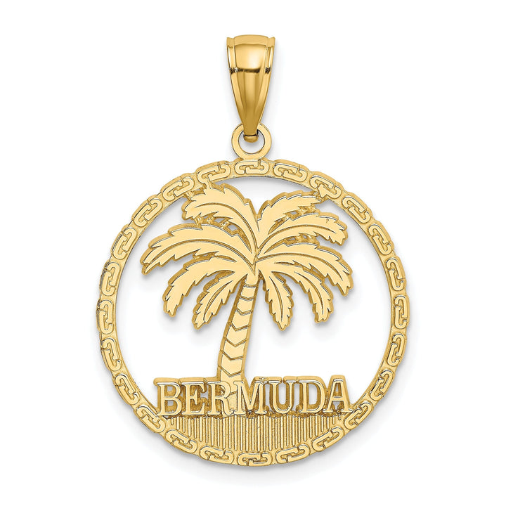 14K Yellow Gold Polished Textured Finish BERMUDA in Circle Design with Palm Tree Charm Pendant