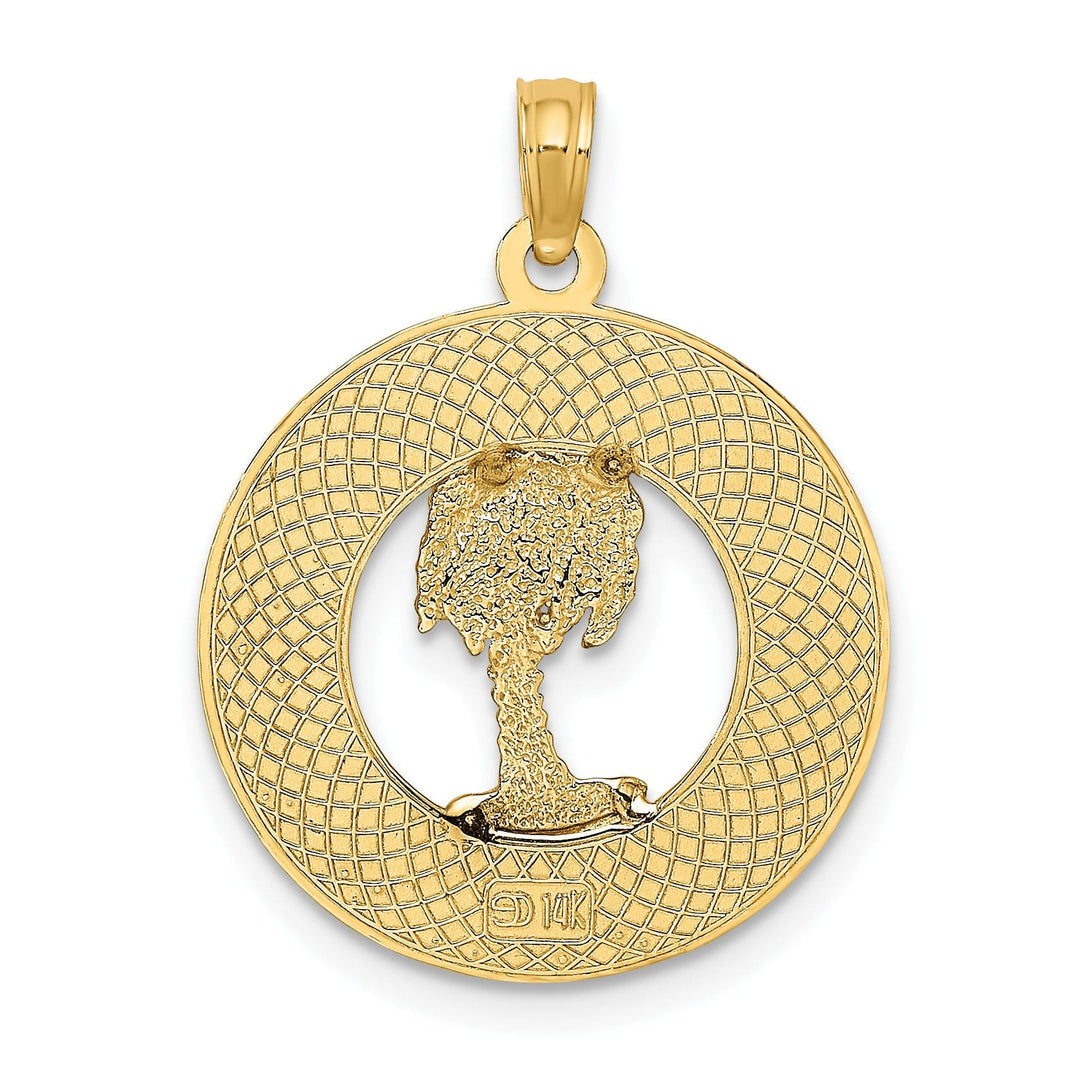 14K Yellow Gold Polished Textured Finish KEY WEST with Palm Tree in Circle Design Charm Pendant