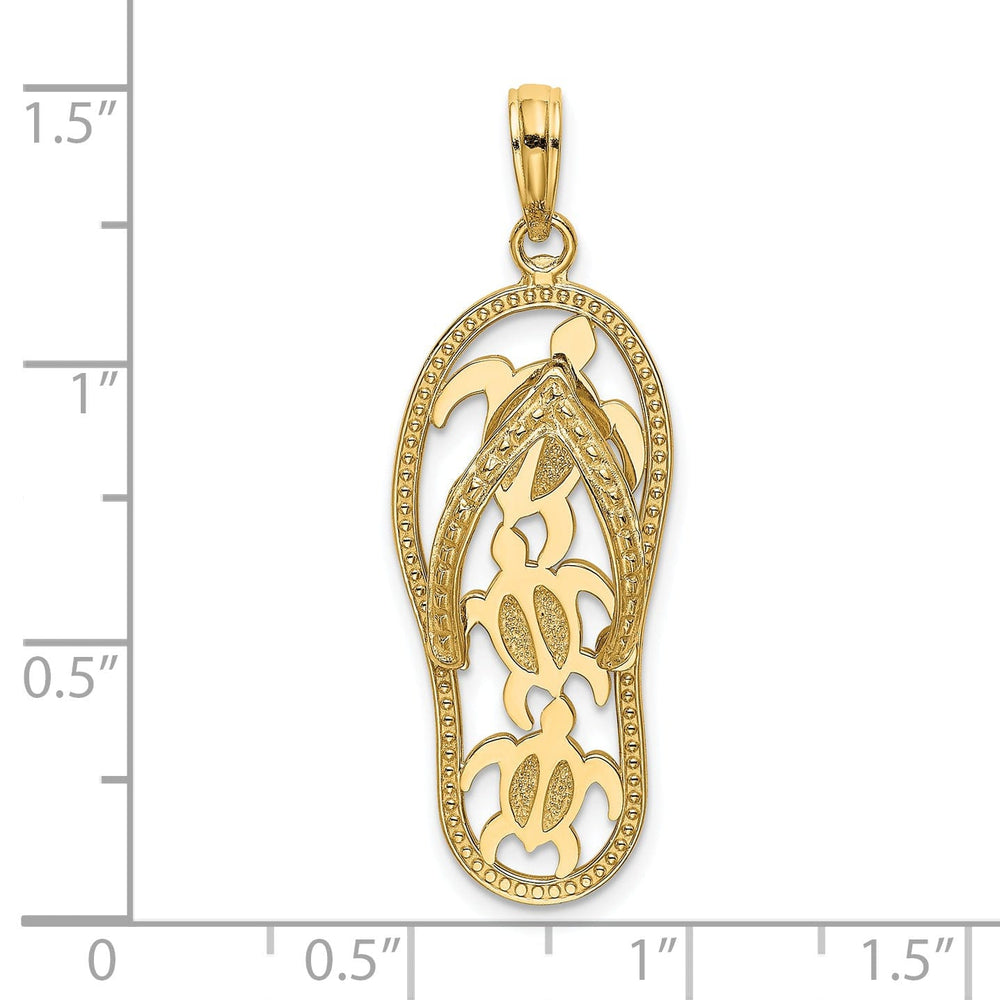 14K Yellow Gold Solid Polished Textured Finish Triple Sea Turtles Design Flip-Flop Beach Sandle Charm Pendant