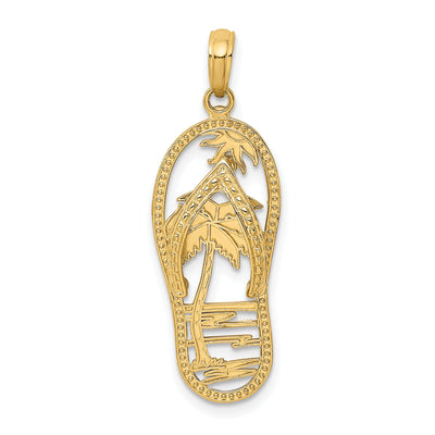 14K Yellow Gold Solid Polished Finish Double Palm Tree in Flip Flop Sandle Design Charm Pendant