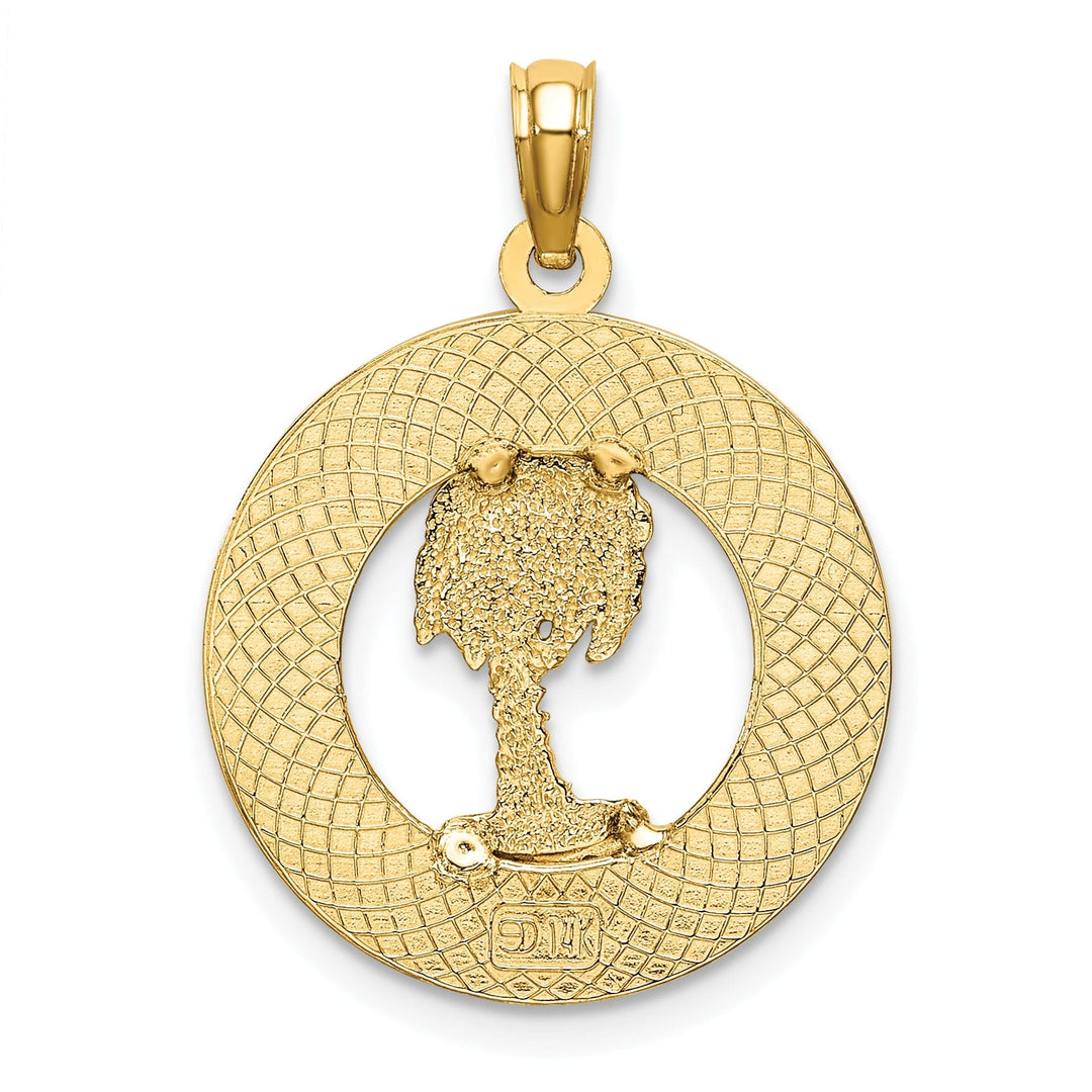 14K Yellow Gold Polished Textured Finish TURKS & CAICOS Circle Design with Palm Tree Charm Pendant