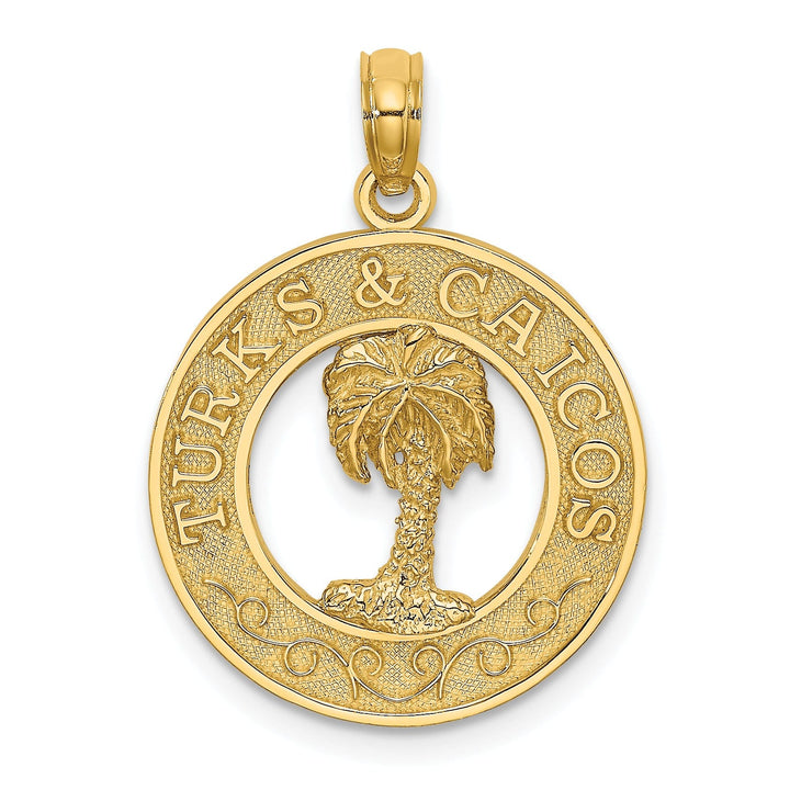 14K Yellow Gold Polished Textured Finish TURKS & CAICOS Circle Design with Palm Tree Charm Pendant