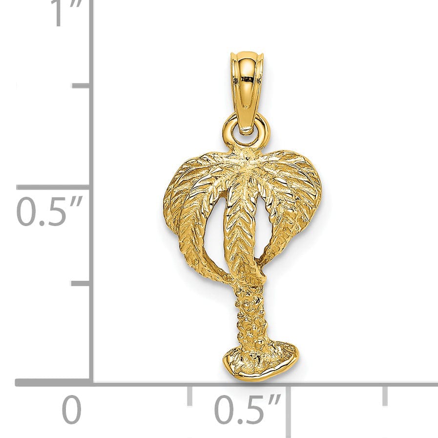 14K Yellow Gold Textured Finish Open Back 2-Dimensional Textured Palm Tree Charm Pendant