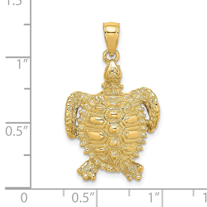 14k Yellow Gold Solid Casted Textured and Polished Finish Sea Turtle with Spiny Shell Charm Pendant
