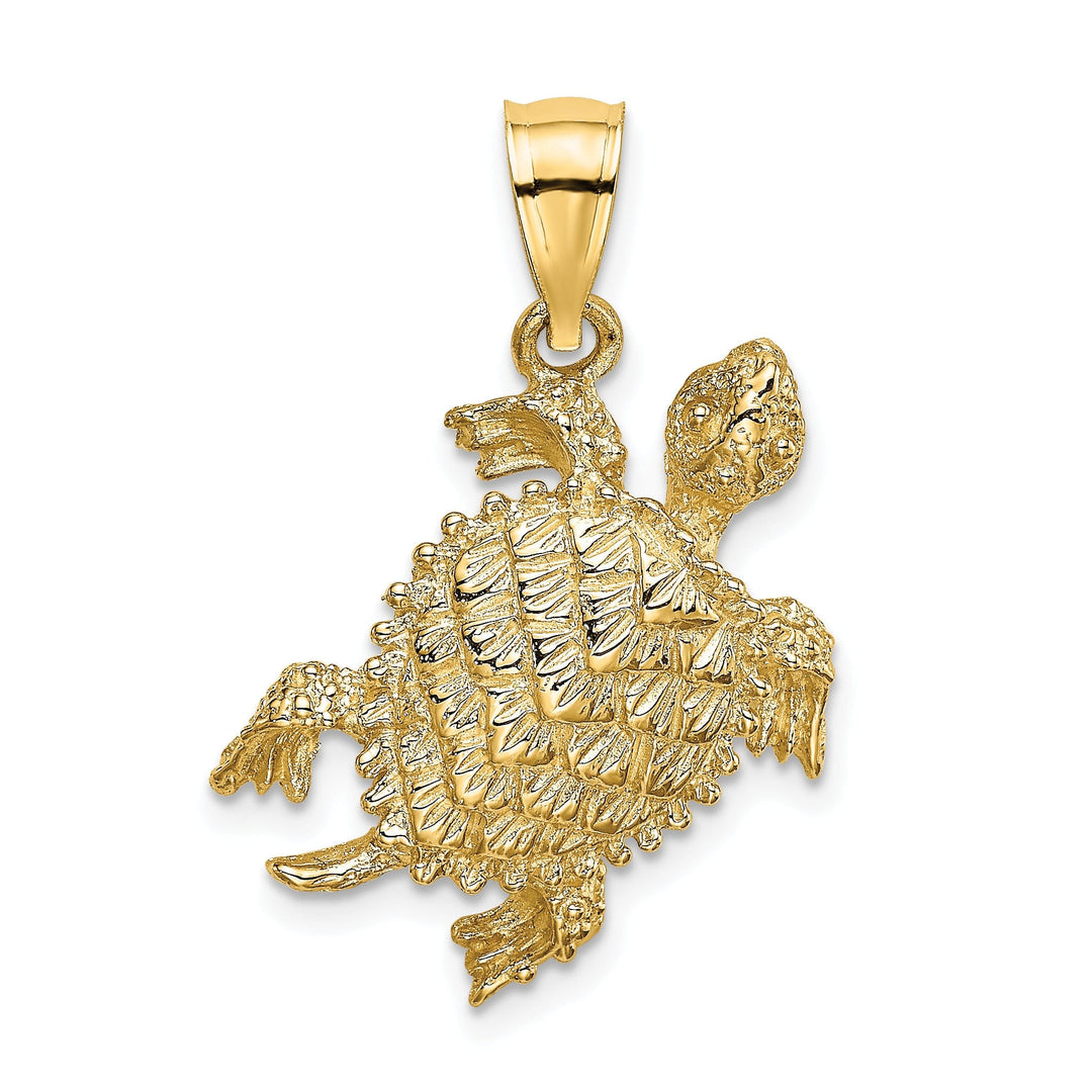14k Yellow Gold Casted Solid Textured and Polished Finish Sea Turtle with Tail Charm Pendant