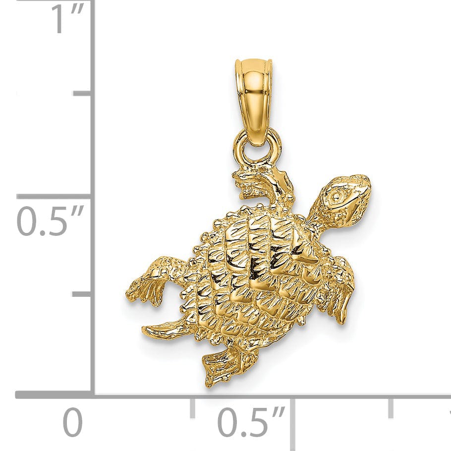 14k Yellow Gold Casted Solid Polished and Textured Finish Sea Turtle with Tail Charm Pendant