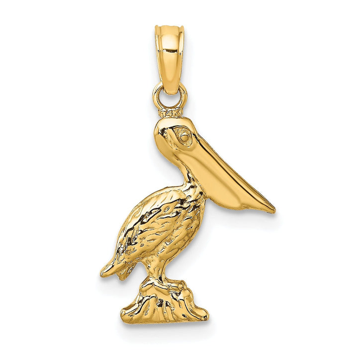 14K Yellow Gold Texture Polished Finish 3-Dimensional Pelican Standing on Piling Charm Pendant