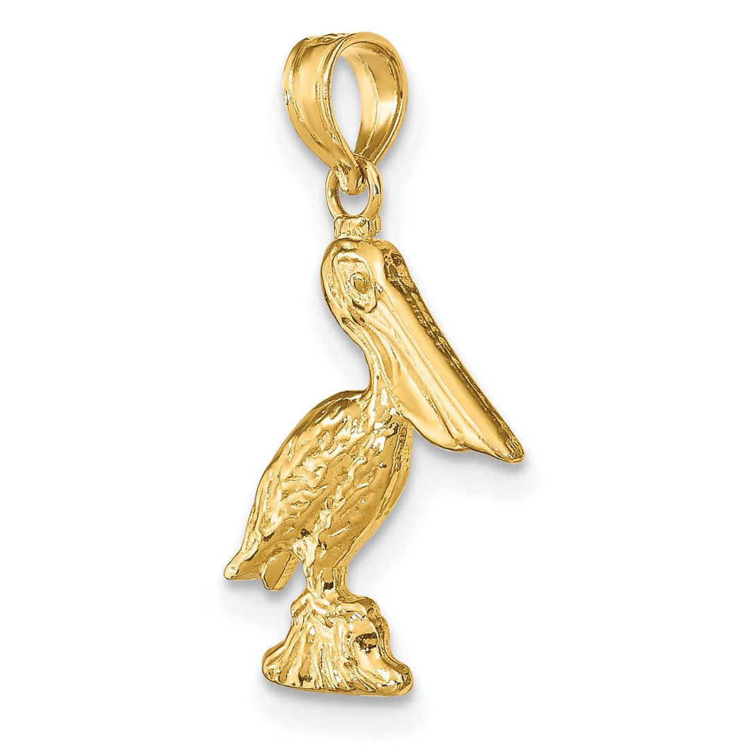 14K Yellow Gold Texture Polished Finish 3-Dimensional Pelican Standing on Piling Charm Pendant