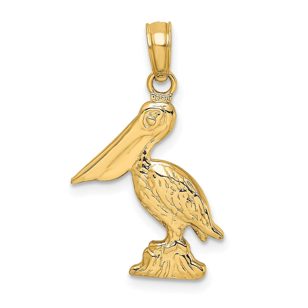 14K Yellow Gold Texture Polished Finish 3-Dimensional Pelican Standing on Piling Charm Pendant