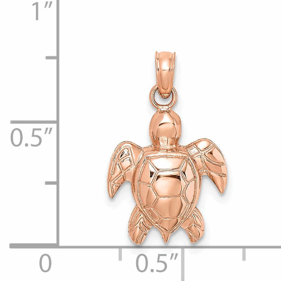 14K Rose Gold 2D Casted Solid Open Back Textured Polished Finish Sea Turtle Charm Pendant