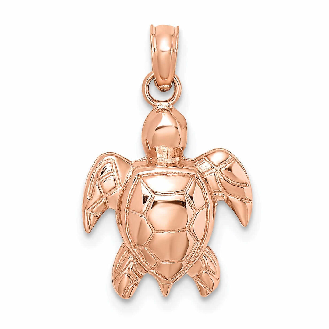 14K Rose Gold 2D Casted Solid Open Back Textured Polished Finish Sea Turtle Charm Pendant