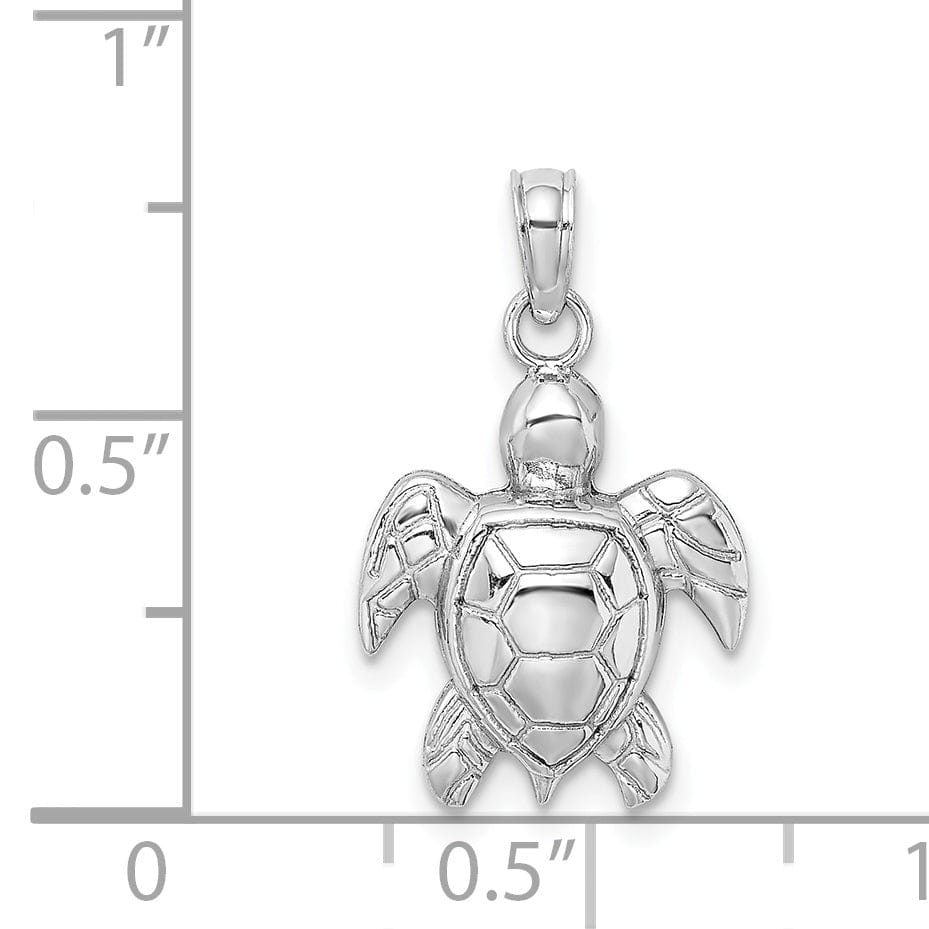 14K White Gold 2D Casted Solid Open Back Textured Polished Finish Sea Turtle Charm Pendant