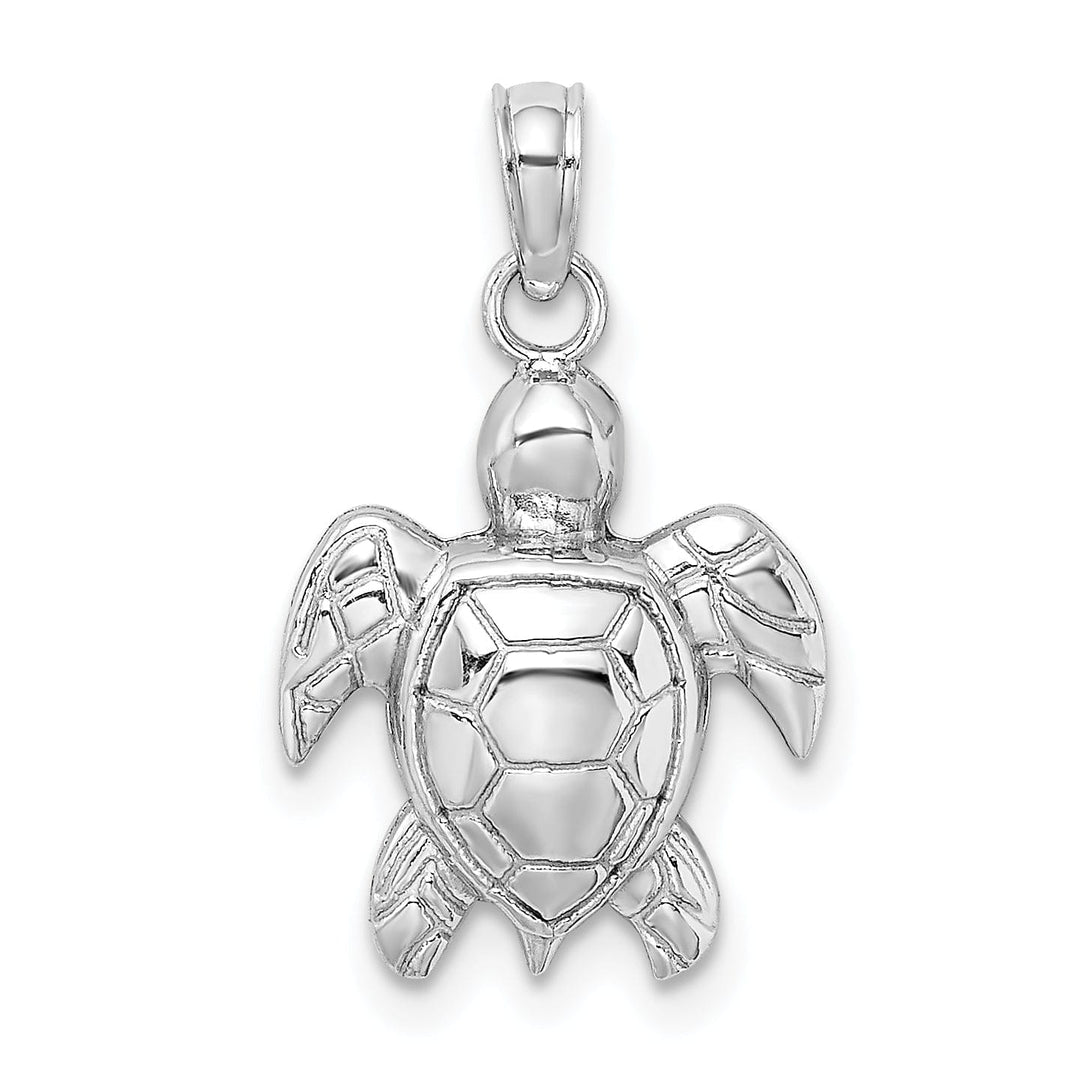 14K White Gold 2D Casted Solid Open Back Textured Polished Finish Sea Turtle Charm Pendant