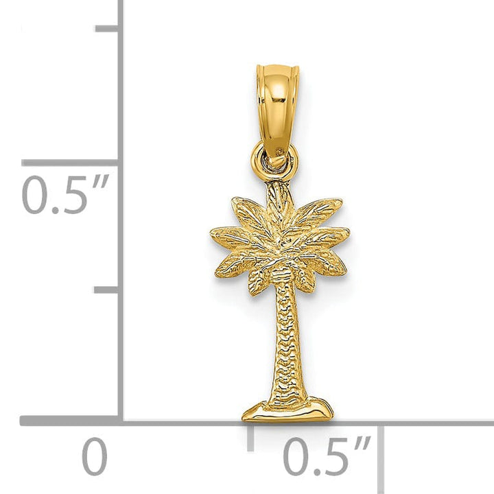 14K Yellow Gold Texture Finish Flat Back 2-Dimensional Small Size Palmetto Palm Tree Charm Pendant