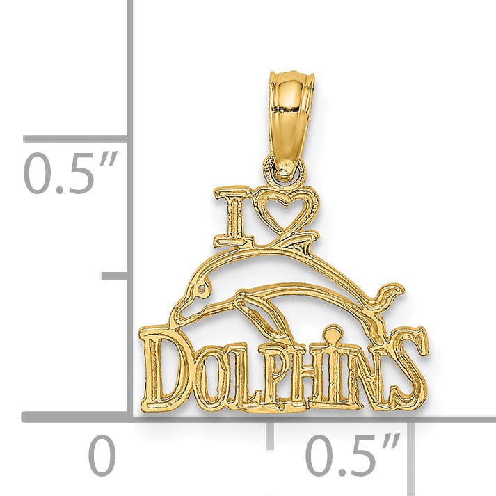 14K Yellow Gold Textured Polished Finish I HEART DOLPHINS with Dolphin Charm Pendant