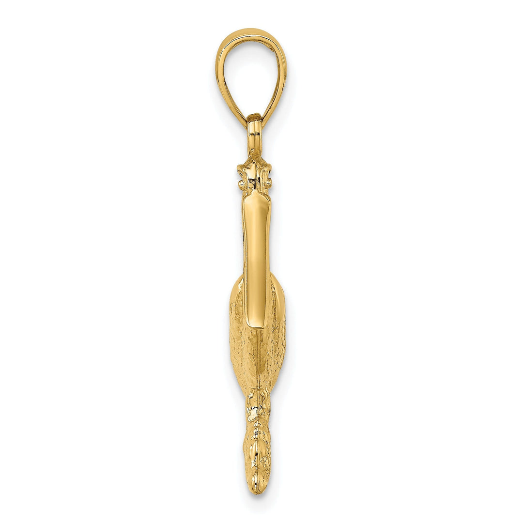 14K Yellow Gold Textured Polished Finish 3-Dimensional Pelican Standing on Piling Charm Pendant