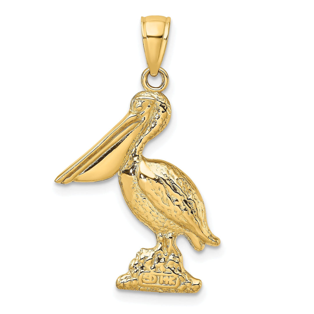 14K Yellow Gold Textured Polished Finish 3-Dimensional Pelican Standing on Piling Charm Pendant