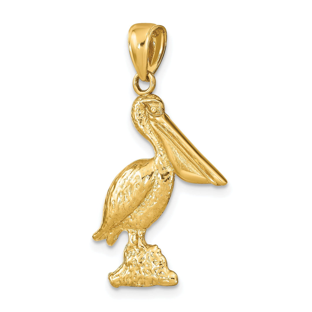 14K Yellow Gold Textured Polished Finish 3-Dimensional Pelican Standing on Piling Charm Pendant