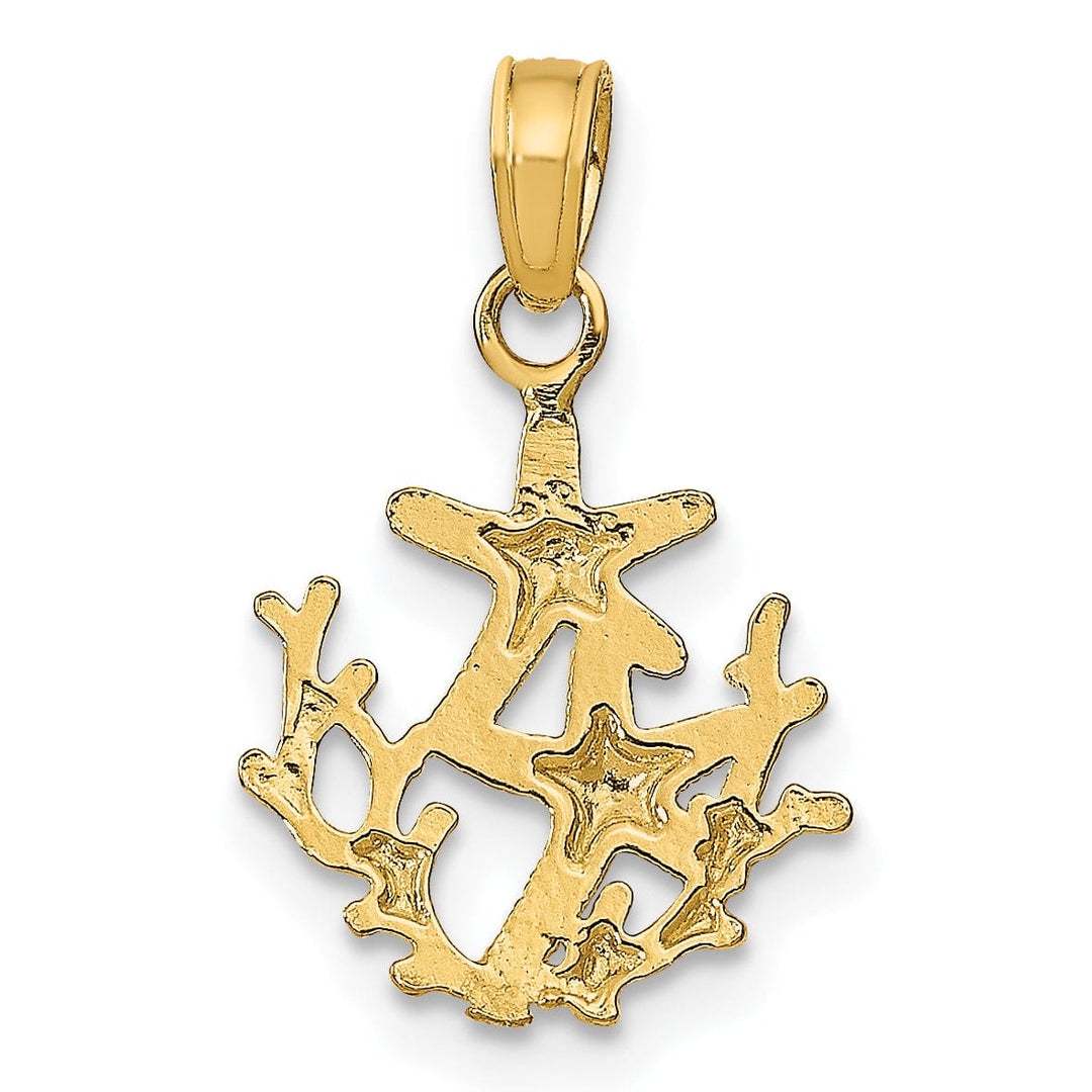 14K Yellow Gold Solid Textured Polished Finish Mini Double Starfish and Coral Design Charm Pendant