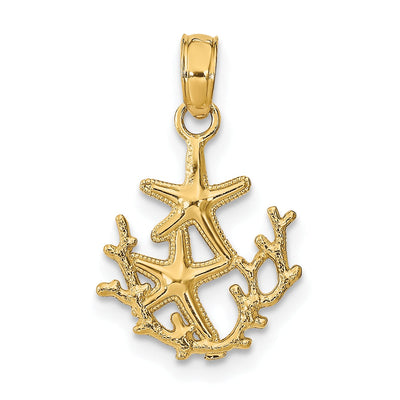 14K Yellow Gold Solid Textured Polished Finish Mini Double Starfish and Coral Design Charm Pendant