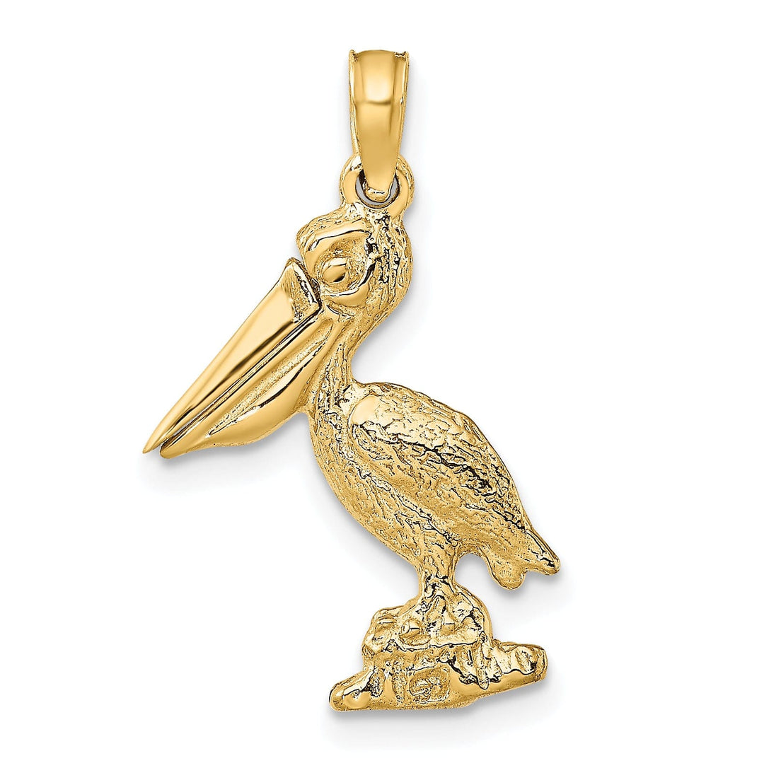 14K Yellow Gold Polished Textured Finish 3-Dimensional Standing on Piling Pelican with Moveable Mouth Charm Pendant