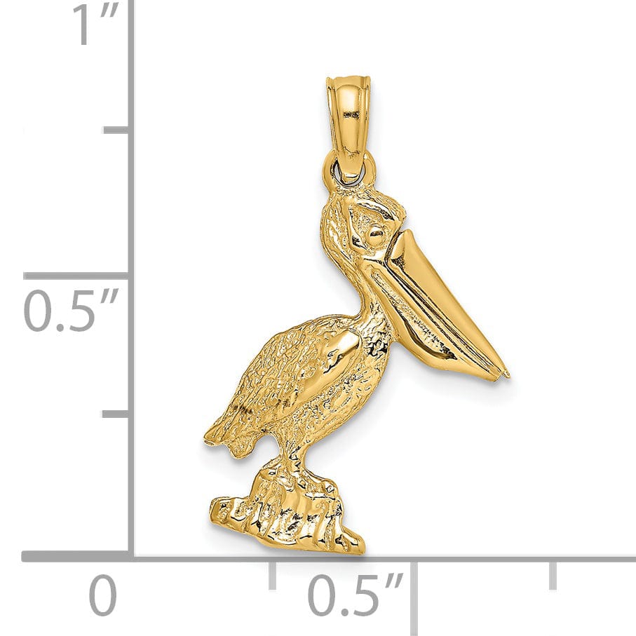 14K Yellow Gold Polished Textured Finish 3-Dimensional Standing on Piling Pelican with Moveable Mouth Charm Pendant